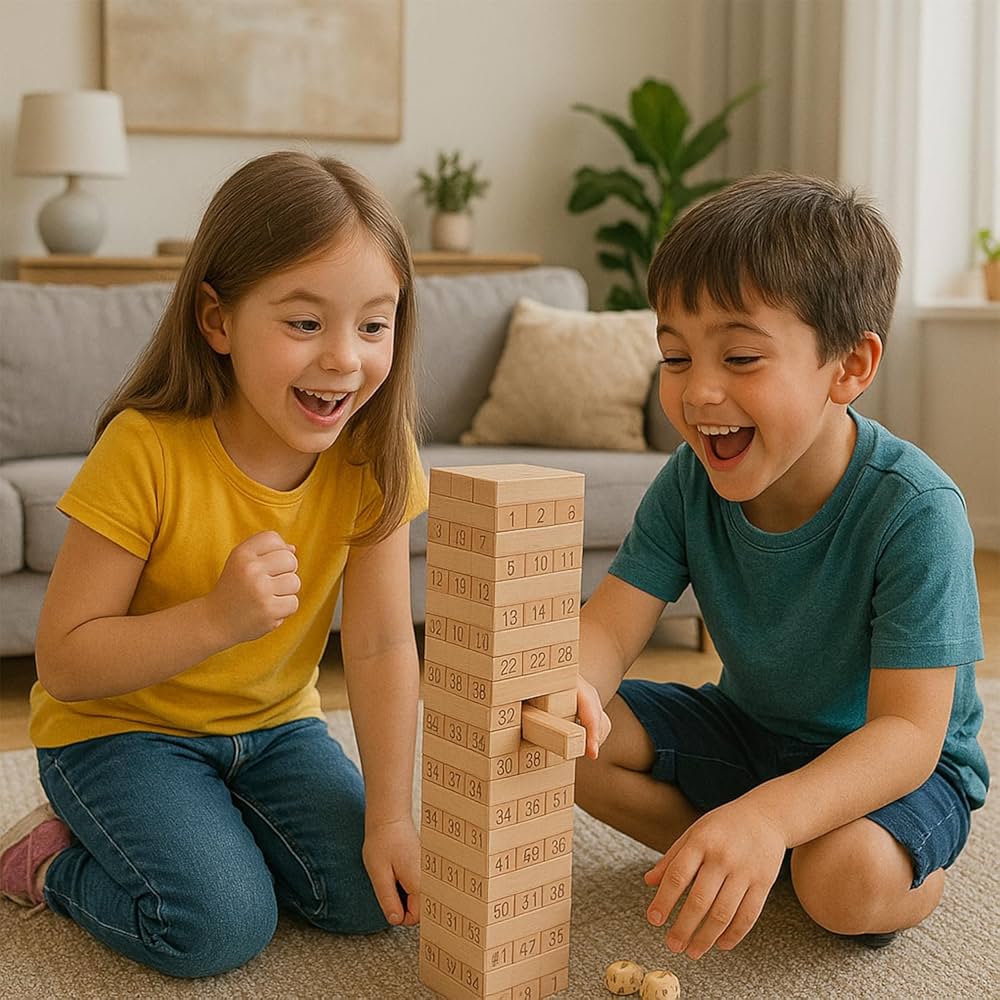 Tour de culbute en bois style Jenga avec 4 dés