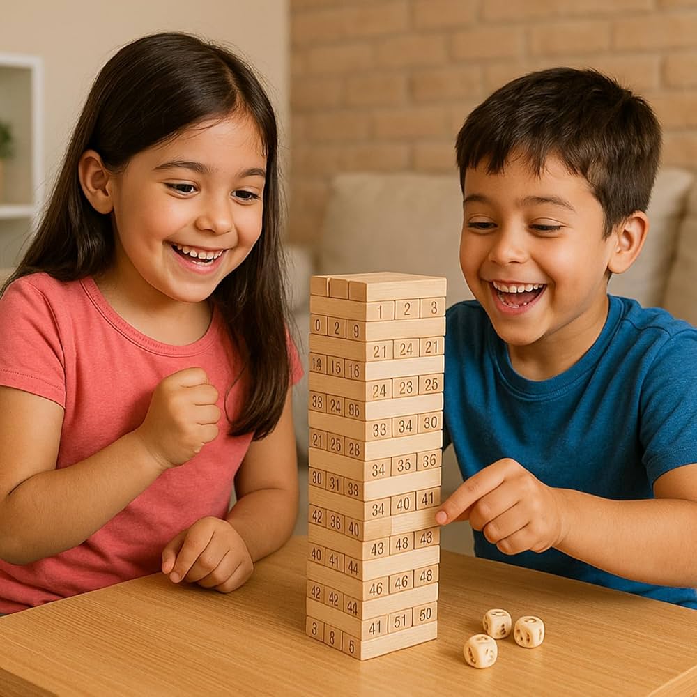 Tour de culbute en bois style Jenga avec 4 dés