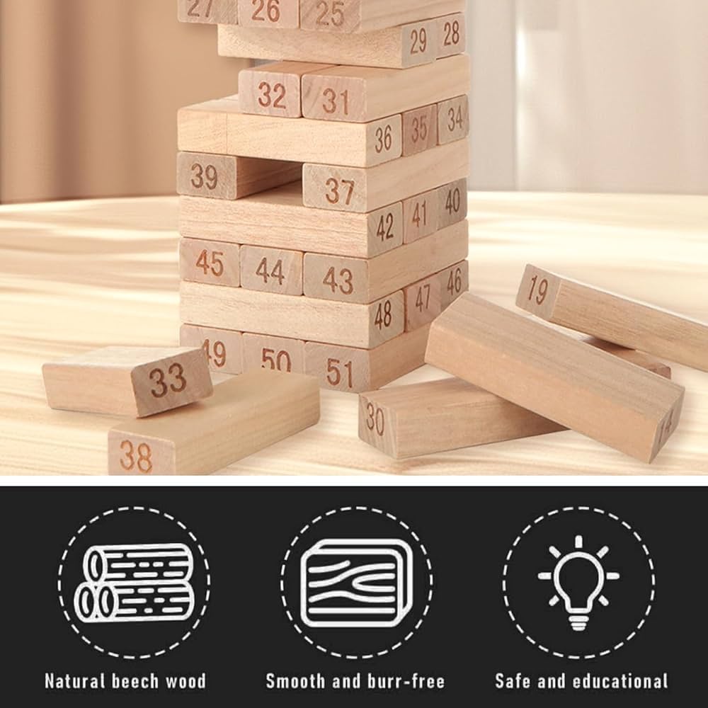 Tour de culbute en bois style Jenga avec 4 dés