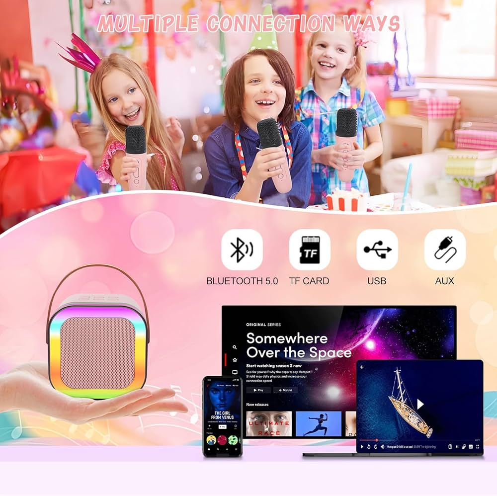 Machine de karaoké portable avec 2 microphones et lumière LED