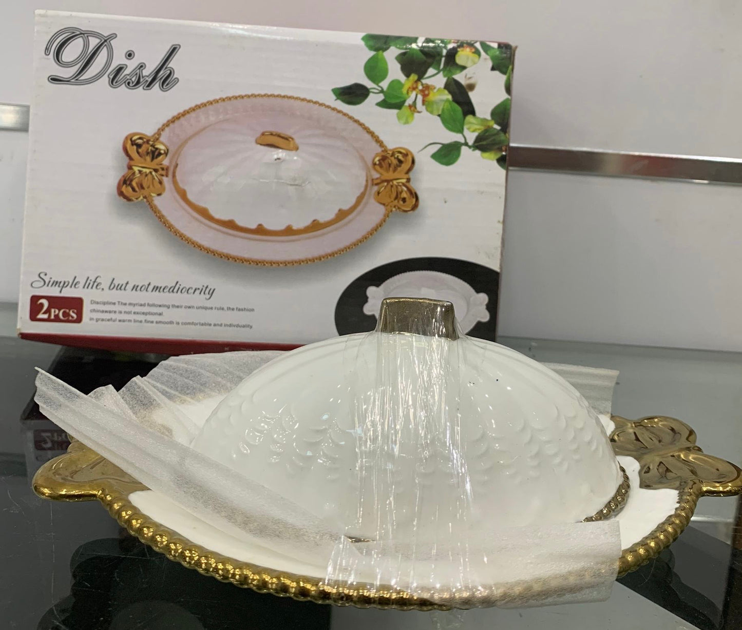 Plat de Service en Verre et Dorure – 2 Pièces