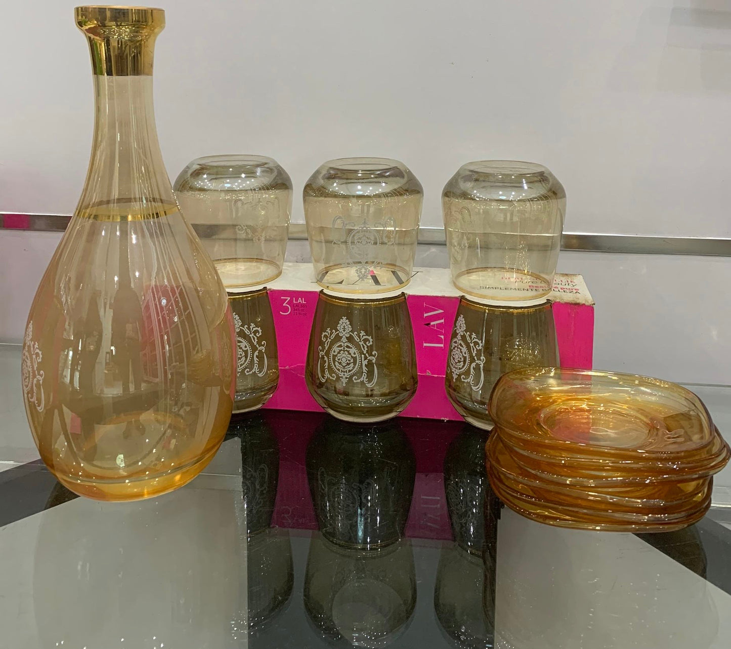 Service à Eau ou Jus – Verres, Carafe & Sous-tasses Dorées