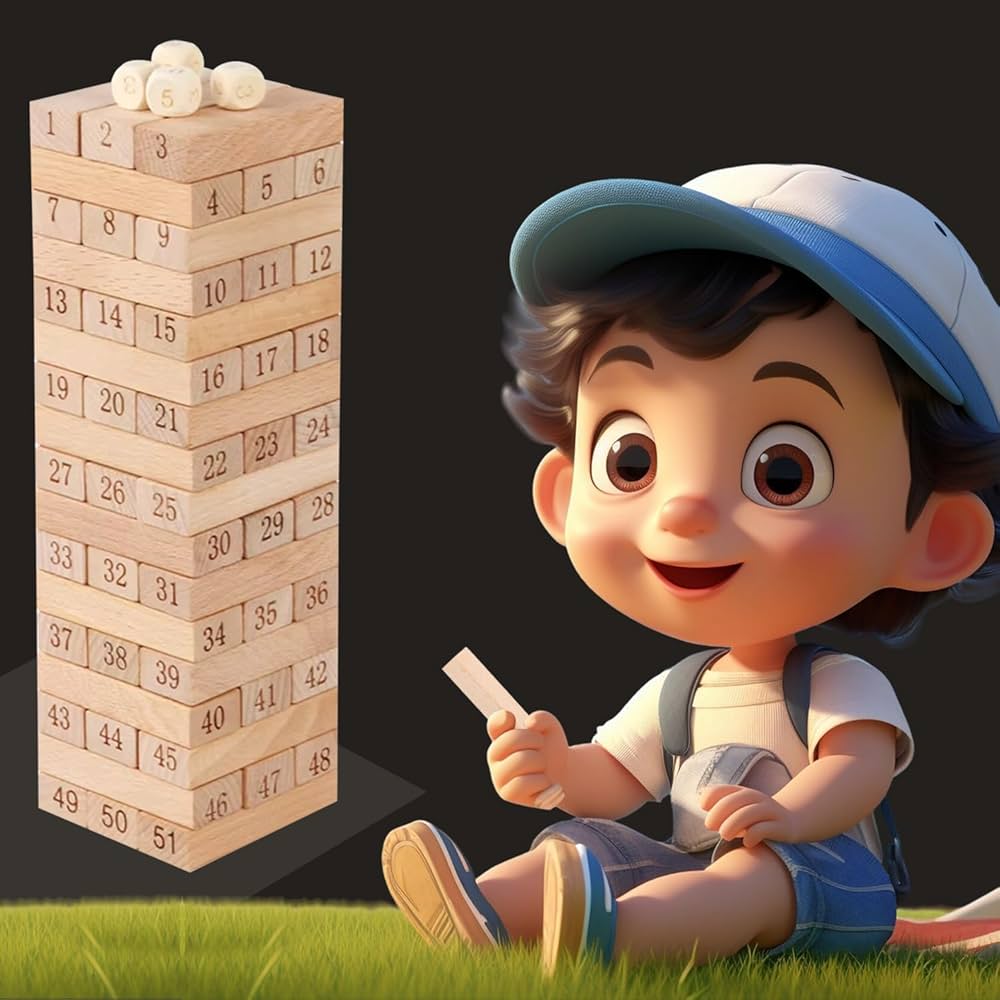 Tour de culbute en bois style Jenga avec 4 dés