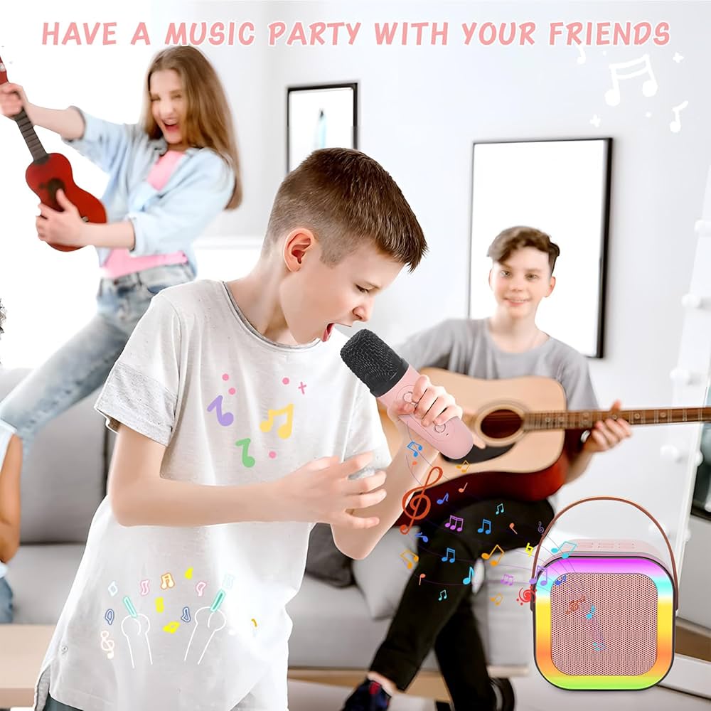 Machine de karaoké portable avec 2 microphones et lumière LED