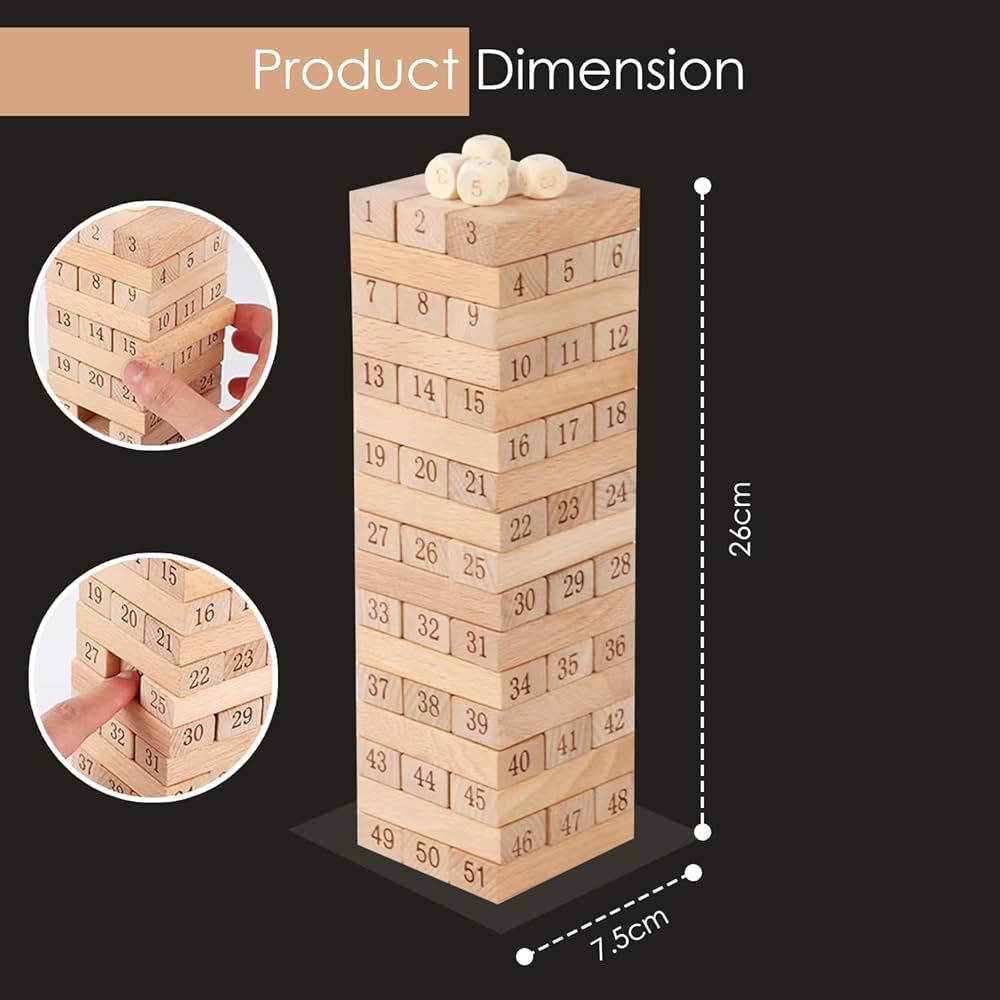 Tour de culbute en bois style Jenga avec 4 dés