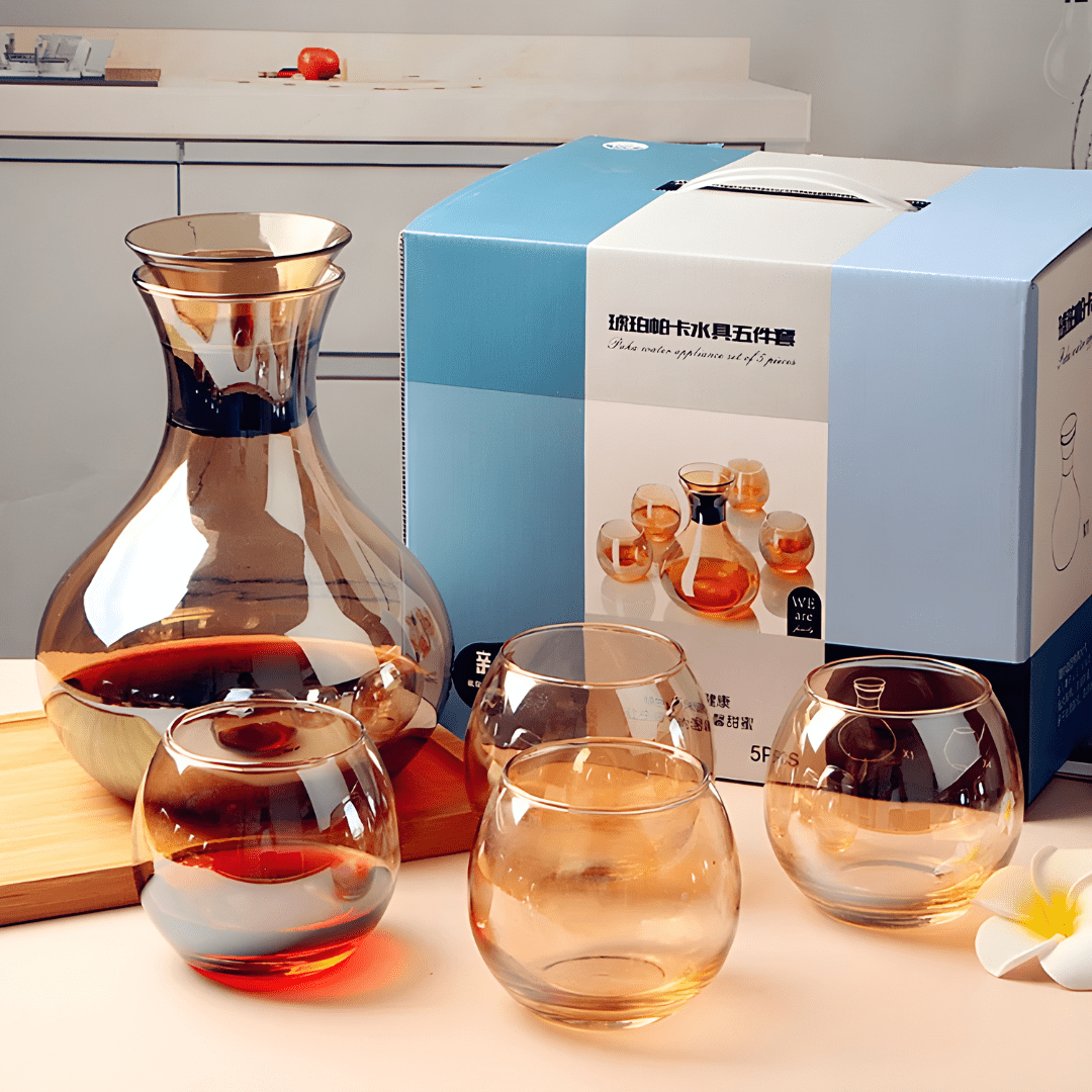 Set Carafe & 6 Verres en Verre Ambré – 7 Pièces Élégantes