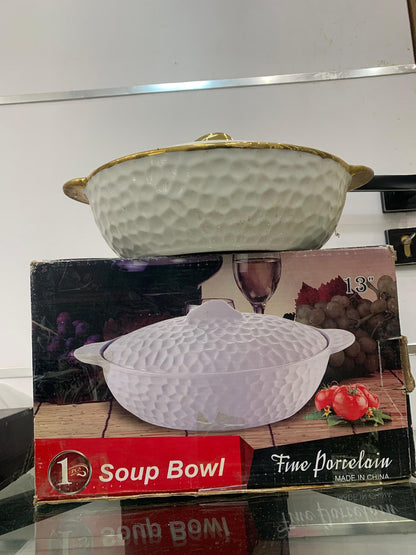 Soupière en Porcelaine Fine – 13” (Modèle Luxe Doré)