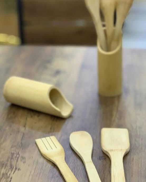 Set de 3 Ustensiles en Bambou avec Support