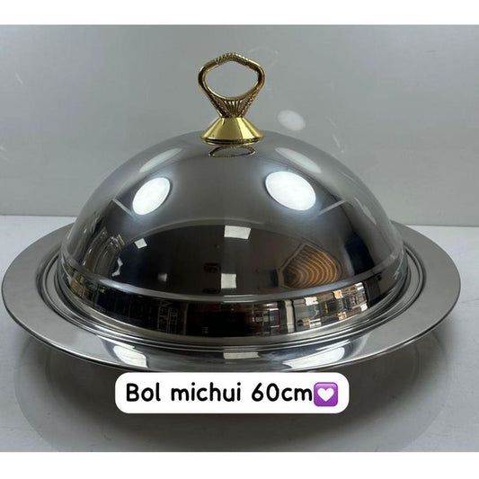 Plateau Bol Cloche en Inox – Finition Brillante & Poignée Dorée