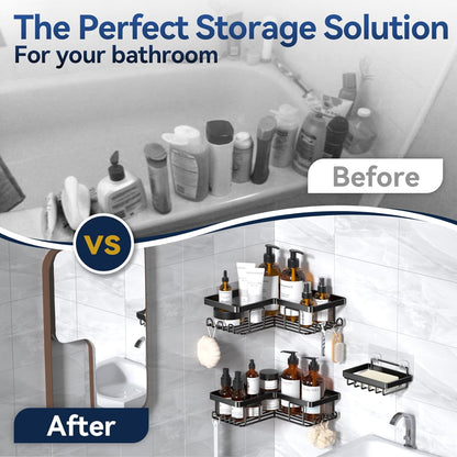 Étagère d'angle adhésive pour douche, avec porte-savon