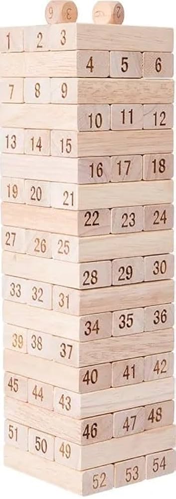 Tour de culbute en bois style Jenga avec 4 dés
