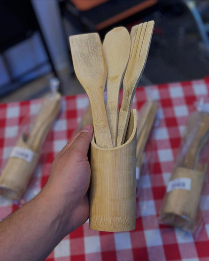 Set de 3 Ustensiles en Bambou avec Support