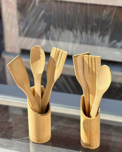 Set de 3 Ustensiles en Bambou avec Support