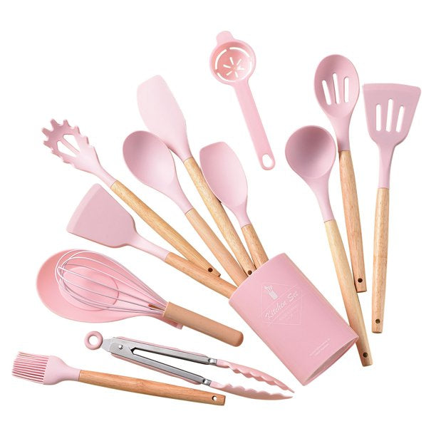 Ustensiles et accessoires de cuisine, ensemble de 14 pièces en silicone avec manches en bois