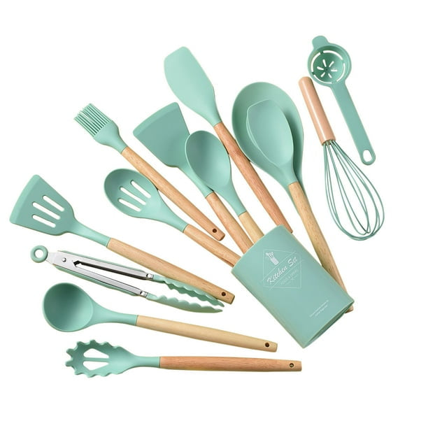 Ustensiles et accessoires de cuisine, ensemble de 14 pièces en silicone avec manches en bois