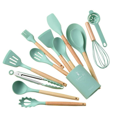 Ustensiles et accessoires de cuisine, ensemble de 14 pièces en silicone avec manches en bois