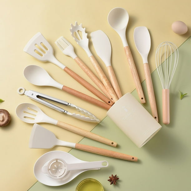 Ustensiles et accessoires de cuisine, ensemble de 14 pièces en silicone avec manches en bois