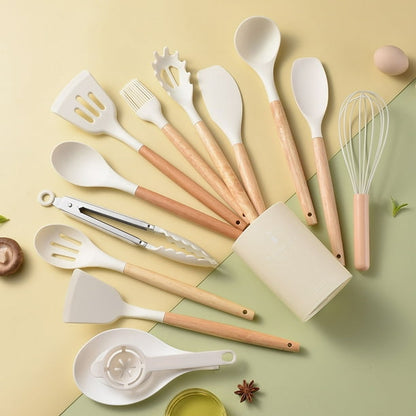 Ustensiles et accessoires de cuisine, ensemble de 14 pièces en silicone avec manches en bois