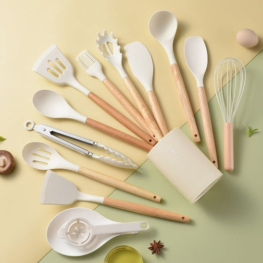 Ustensiles et accessoires de cuisine, ensemble de 14 pièces en silicone avec manches en bois