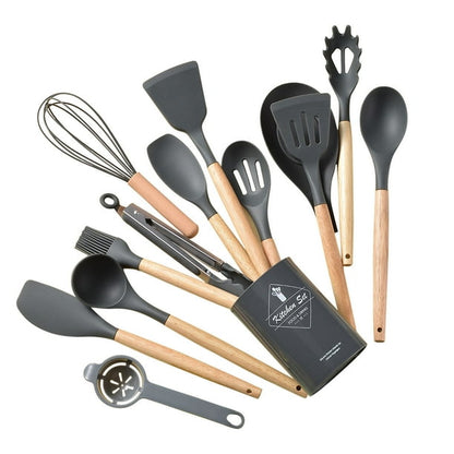 Ustensiles et accessoires de cuisine, ensemble de 14 pièces en silicone avec manches en bois