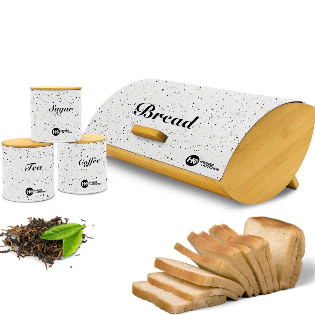 Ensemble de Rangement de Cuisine – Boîte à Pain + 3 Pots (Sugar, Tea, Coffee)