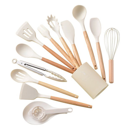 Ustensiles et accessoires de cuisine, ensemble de 14 pièces en silicone avec manches en bois