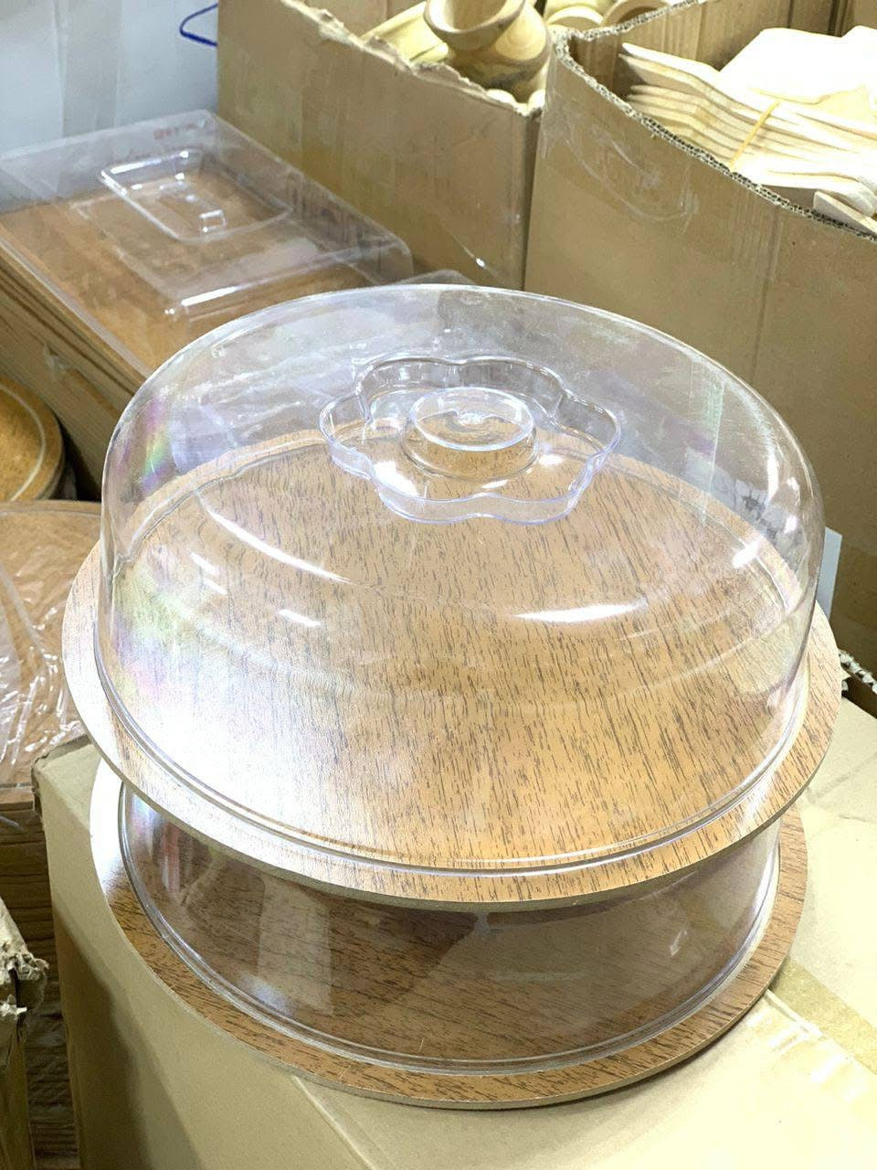 Plateau à Gâteau avec Couvercle Transparent – Effet Bois Naturel