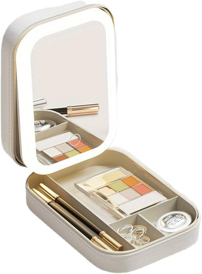 Miroir de maquillage avec lumière LED, organisateur de voyage portable pour cosmétiques, 3 niveaux de luminosité, miroir pliable, cadeau idéal