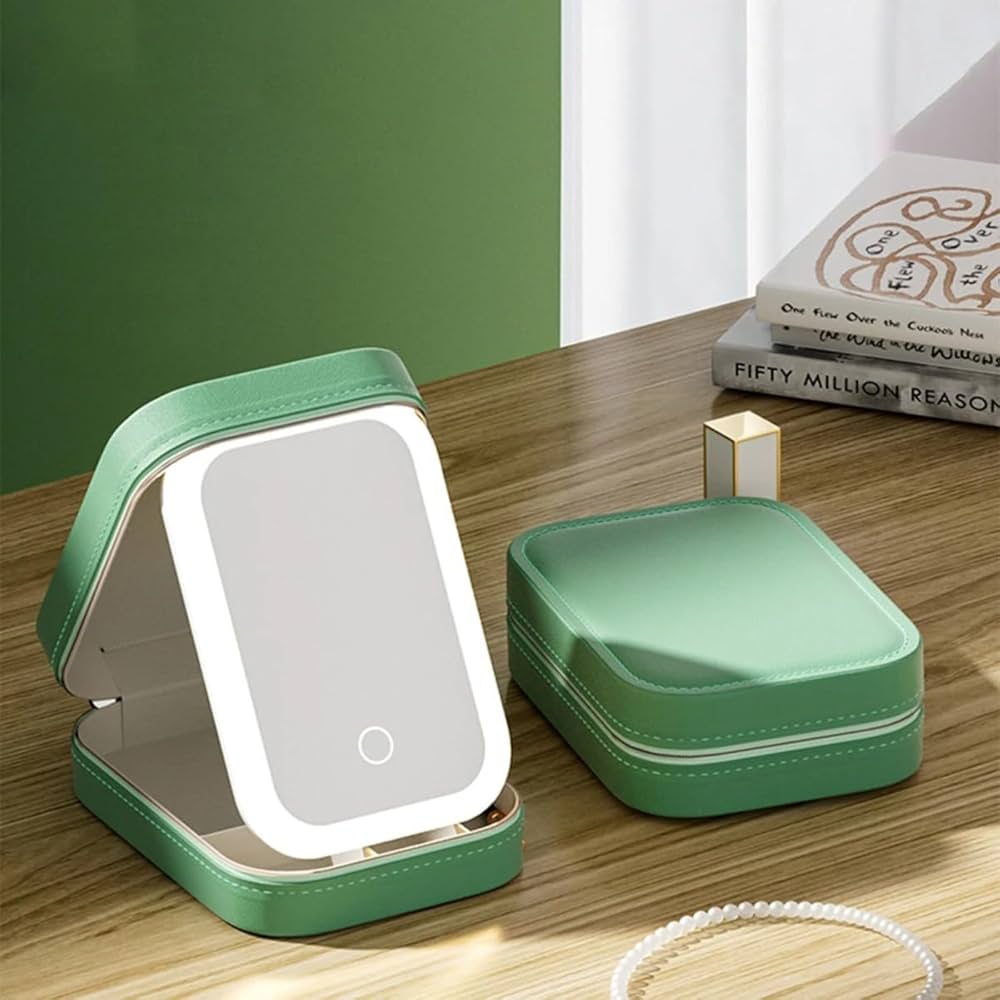 Miroir de maquillage avec lumière LED, organisateur de voyage portable pour cosmétiques, 3 niveaux de luminosité, miroir pliable, cadeau idéal