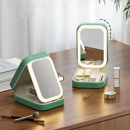 Miroir de maquillage avec lumière LED, organisateur de voyage portable pour cosmétiques, 3 niveaux de luminosité, miroir pliable, cadeau idéal