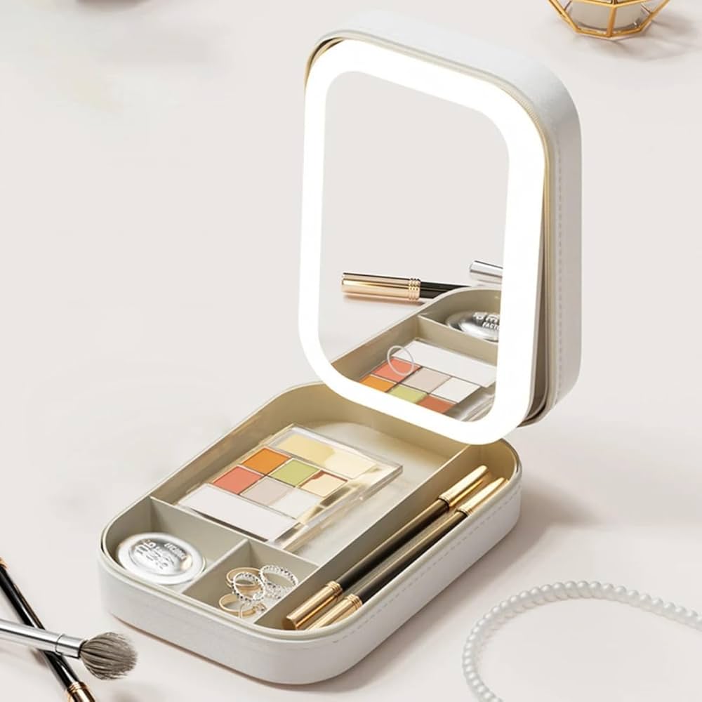 Miroir de maquillage avec lumière LED, organisateur de voyage portable pour cosmétiques, 3 niveaux de luminosité, miroir pliable, cadeau idéal