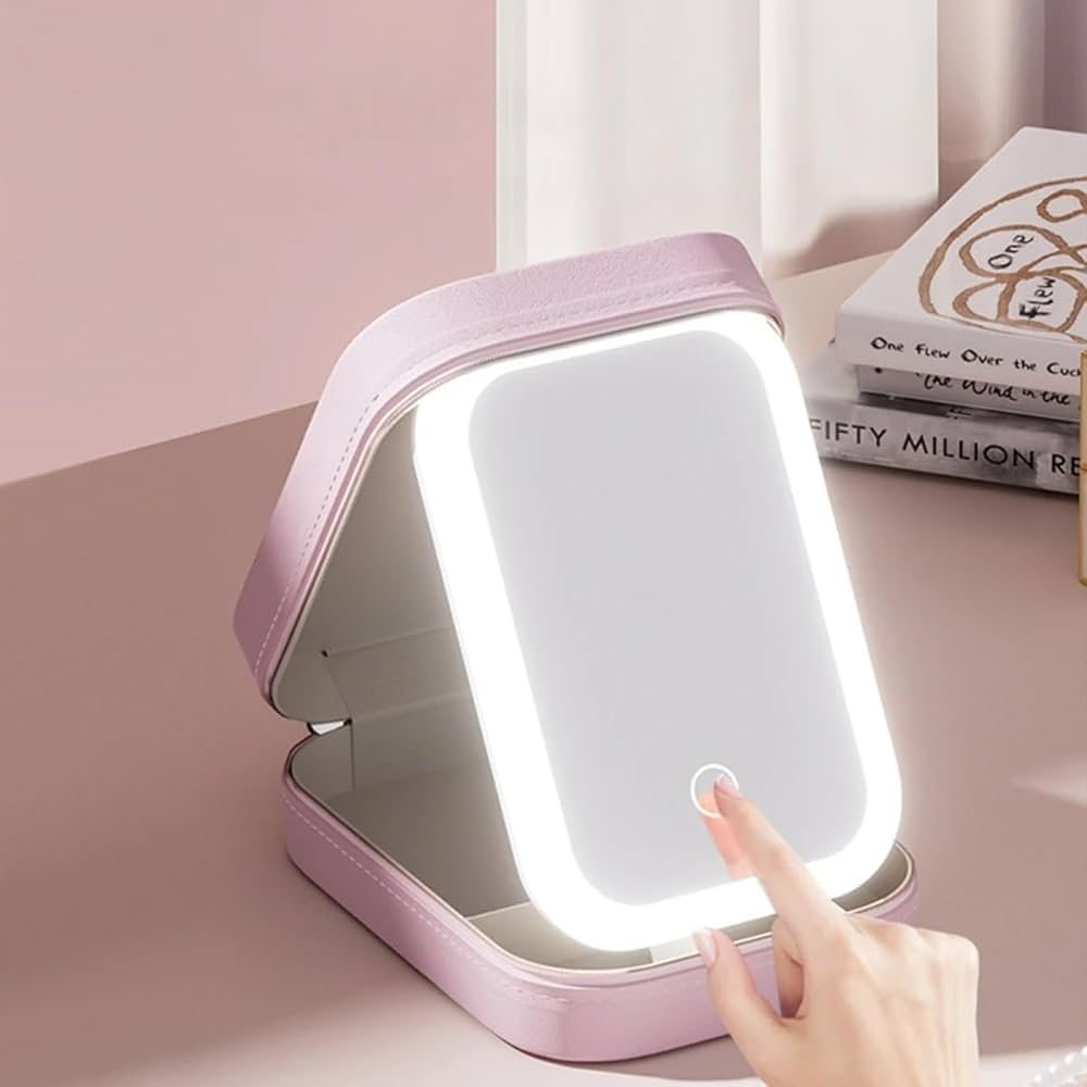 Miroir de maquillage avec lumière LED, organisateur de voyage portable pour cosmétiques, 3 niveaux de luminosité, miroir pliable, cadeau idéal