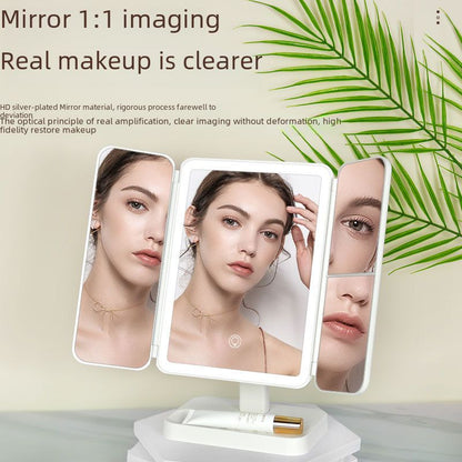 Miroir de maquillage portable à LED pliable en trois parties avec trois