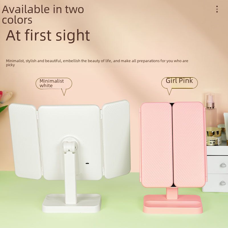 Miroir de maquillage portable à LED pliable en trois parties avec trois